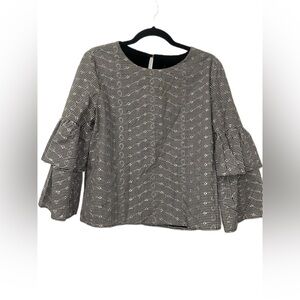 AQUA Gingham Chic Eyelet Black & White Ruffle Tier Sleeve Feminine Blouse Size M